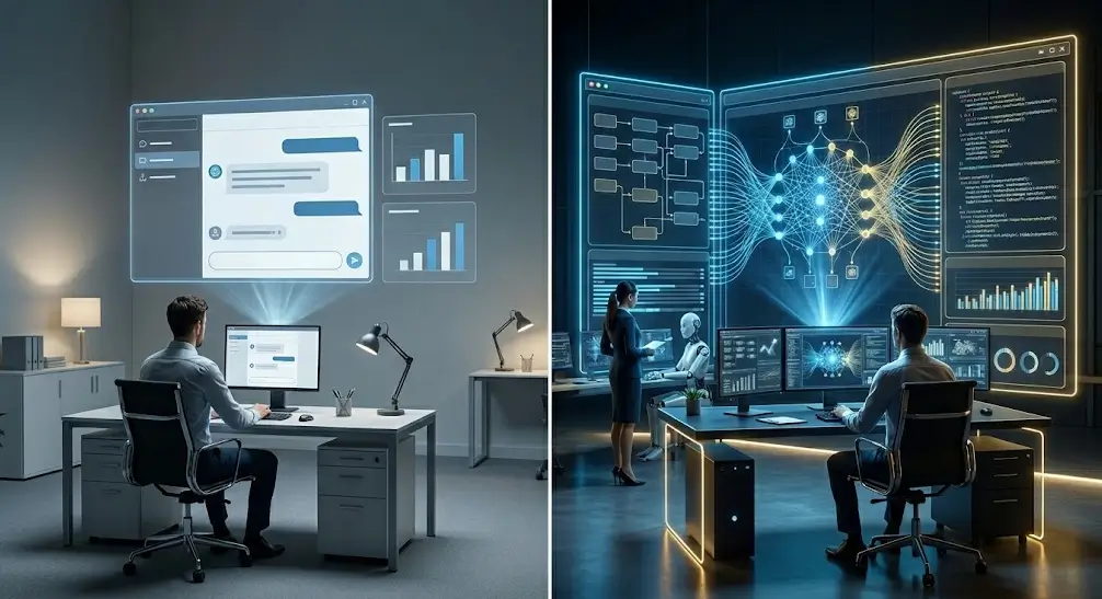 Comparación de dos entornos de oficina en 2026. El panel izquierdo muestra un usuario con IA básica gratis de chat. El panel derecho muestra un equipo con IA avanzada de pago, agentes autónomos y múltiples monitores para mayor productividad.