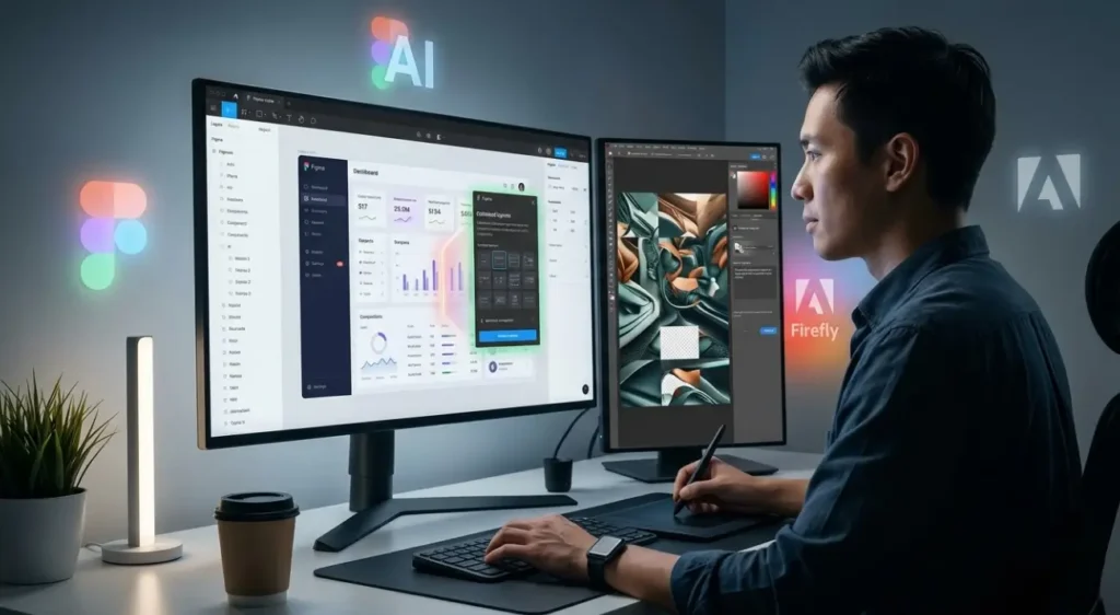 Un diseñador profesional utiliza herramientas de IA generativa de Figma AI y Adobe Firefly para el diseño de interfaces UI/UX y la creación de contenido creativo en su estudio.