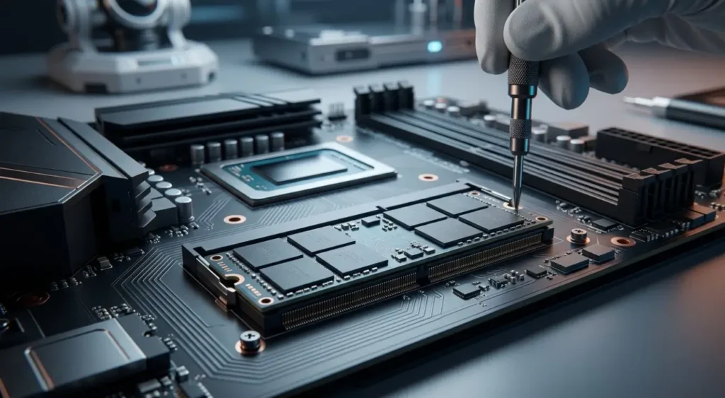 Instalación de un módulo de memoria modular LPCAMM2 en una placa base de laptop de alto rendimiento.