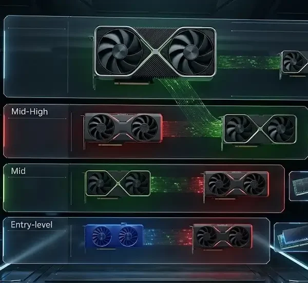 Infografía futurista comparando tarjetas gráficas (GPUs) por rangos: Mid-High, Mid y Entry-level, con modelos de Nvidia y AMD.