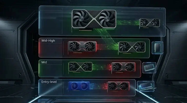 Infografía futurista comparando tarjetas gráficas (GPUs) por rangos: Mid-High, Mid y Entry-level, con modelos de Nvidia y AMD.