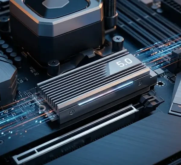 Primer plano de un SSD M.2 PCIe 5.0 con disipador de calor iluminado instalado en una placa base de PC de alto rendimiento.