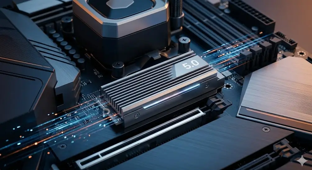 Primer plano de un SSD M.2 PCIe 5.0 con disipador de calor iluminado instalado en una placa base de PC de alto rendimiento.
