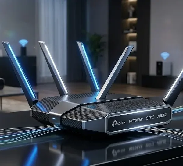 Router Wi-Fi 7 avanzado de alta gama con antenas LED azules y logotipos de TP-Link, Netgear, Eero y Asus, sobre una encimera de cocina reflectante en un hogar inteligente moderno.