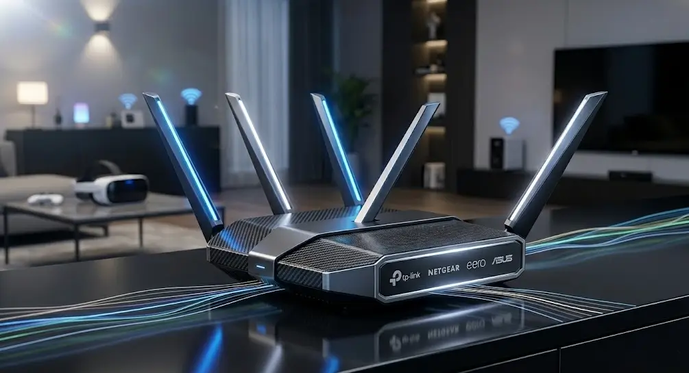 Router Wi-Fi 7 avanzado de alta gama con antenas LED azules y logotipos de TP-Link, Netgear, Eero y Asus, sobre una encimera de cocina reflectante en un hogar inteligente moderno.