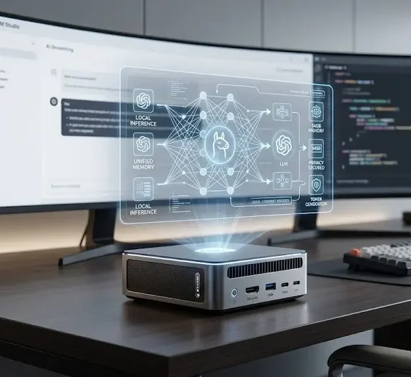 Un mini PC de IA local de alta gama proyectando un holograma técnico detallando inferencia local y modelos de lenguaje grandes (LLM).