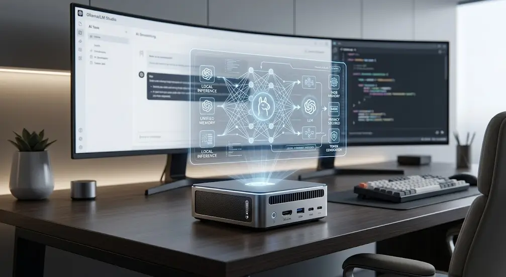 Un mini PC de IA local de alta gama proyectando un holograma técnico detallando inferencia local y modelos de lenguaje grandes (LLM).