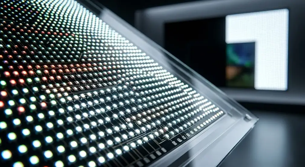 Primer plano de panel de matriz MicroLED curvo y flexible con LEDs multicolores vibrantes encendidos, para tecnología de pantallas avanzada y video walls.