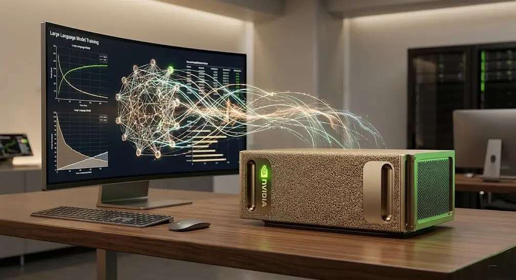 Supercomputadora NVIDIA DGX Spark acelerando entrenamiento de modelos de lenguaje grande (LLM).