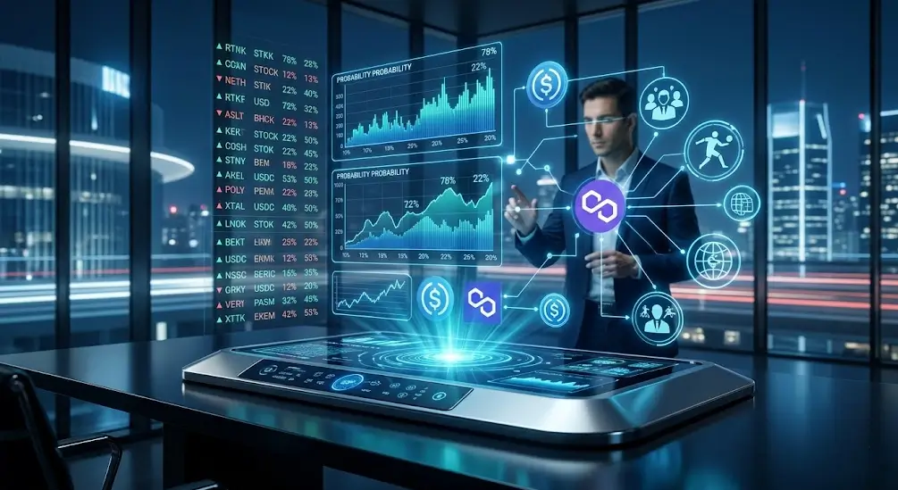 Imagen conceptual de un trader interactuando con Polymarket y mercados de predicción basados en la tecnología blockchain de Polygon y USDC.