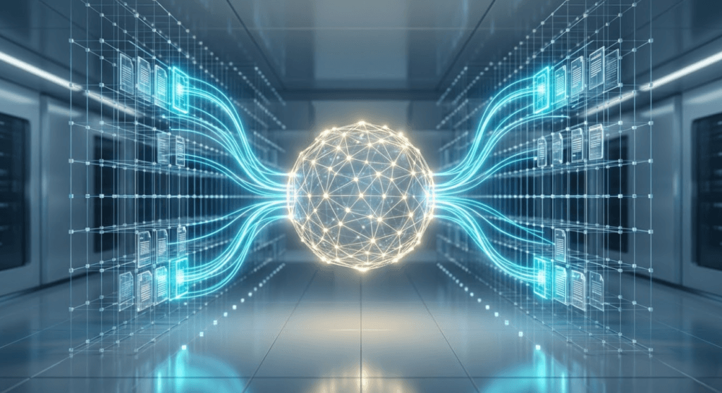 Concepto de RAG: red neuronal de IA recuperando contexto de documentos digitales en un centro de datos futurista.