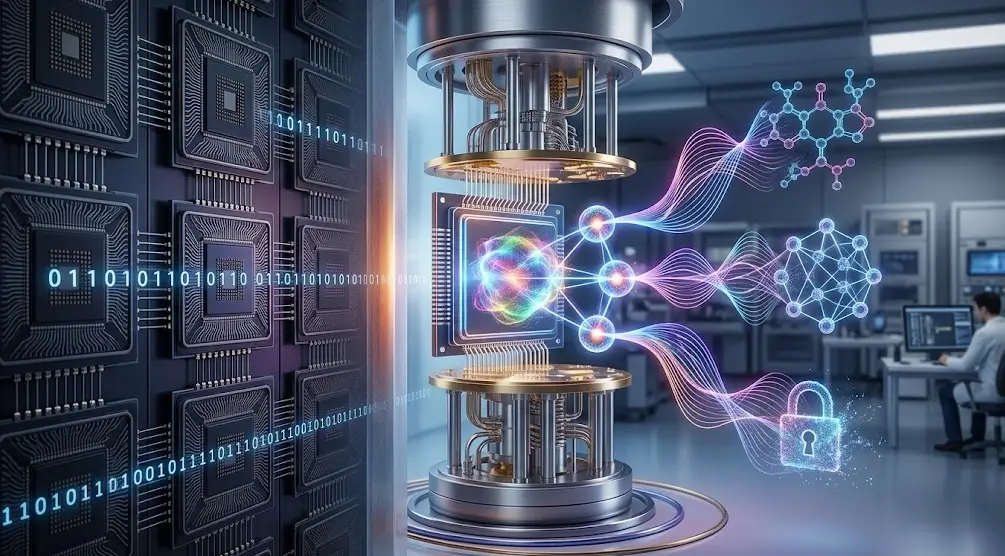 Comparativa visual entre la computación clásica (izquierda), con racks de servidores y código binario, y la computación cuántica (derecha), con un criostato QPU y gráficos de moléculas, redes y seguridad.
