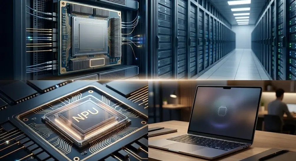 TPU vs NPU: Chip TPU de centro de datos arriba y chip NPU de portátil para procesamiento local abajo.