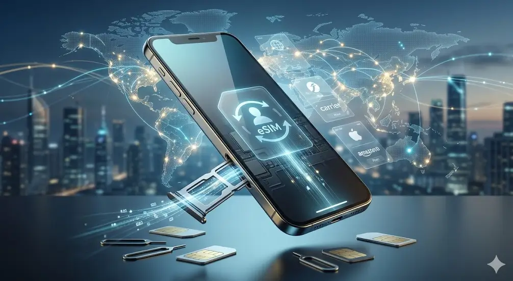 Concepto visual de un smartphone descargando un perfil eSIM, con la bandeja vacía y tarjetas SIM físicas descartadas abajo, sobre un fondo de red global.
