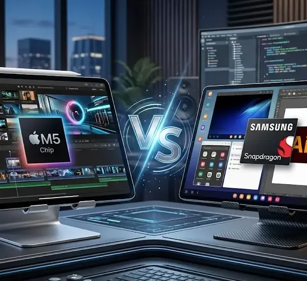 Comparativa visual iPad Pro M5 vs Samsung Galaxy Tab S10 Ultra en un escritorio tecnológico profesional con gráficos de rendimiento.