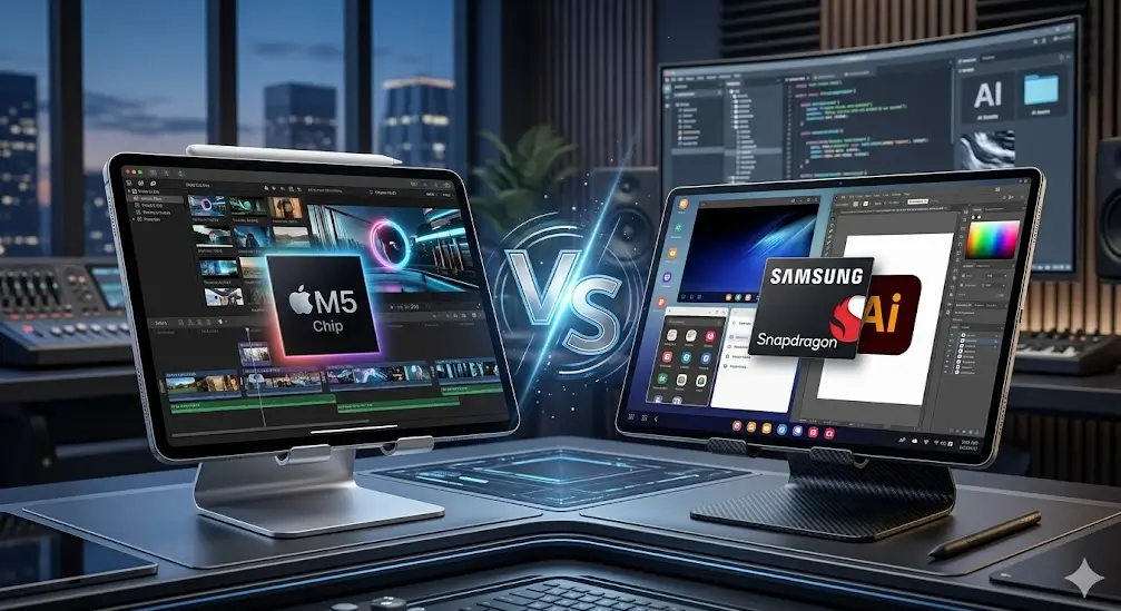 Comparativa visual iPad Pro M5 vs Samsung Galaxy Tab S10 Ultra en un escritorio tecnológico profesional con gráficos de rendimiento.