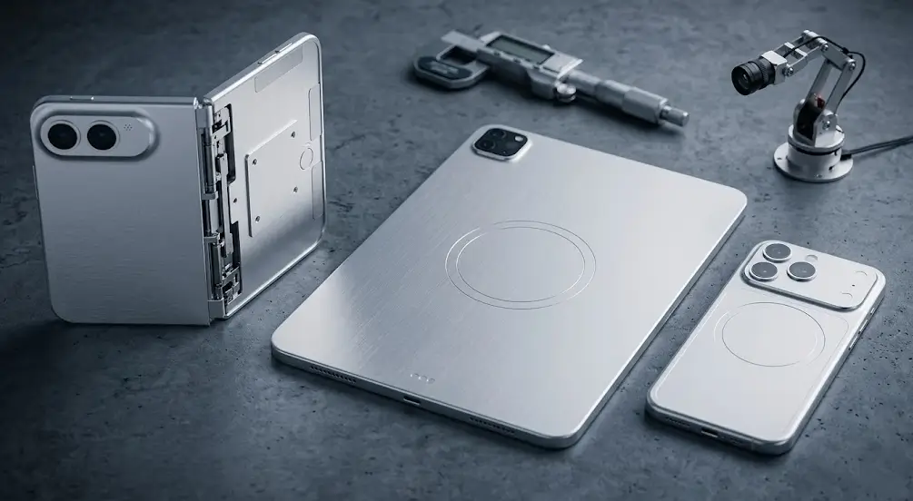 Prototipos de dispositivos Apple en aluminio cepillado, incluyendo un iPhone plegable y tabletas, junto a herramientas de ingeniería de precisión sobre una superficie técnica.