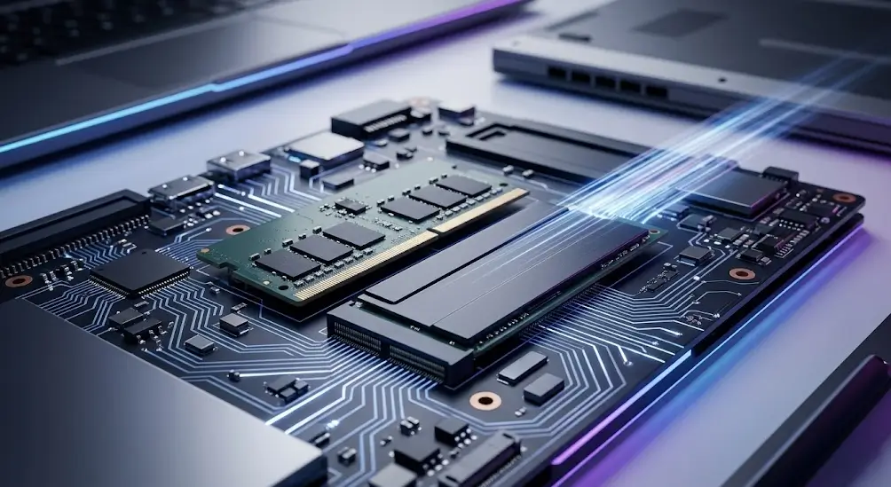 Primer plano de memoria RAM DDR5 SO-DIMM para portátil y disipador M.2 con haz de luz de datos.