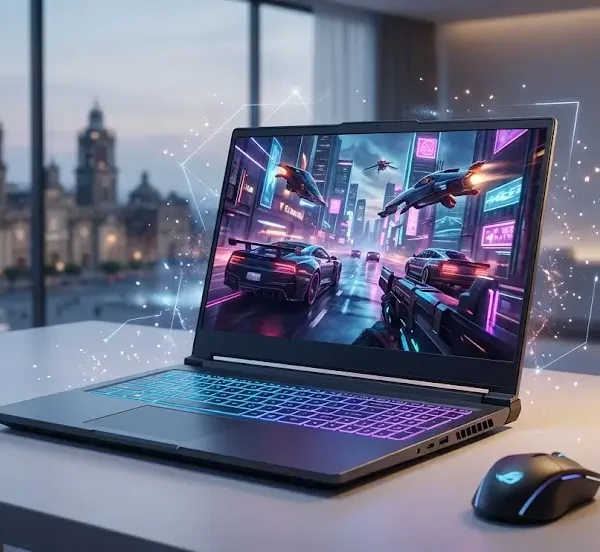 Imagen de una computadora portátil para juegos en una habitación con vista a la Ciudad de México.