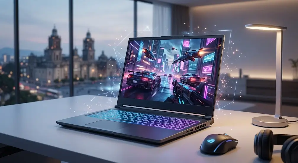 Imagen de una computadora portátil para juegos en una habitación con vista a la Ciudad de México.