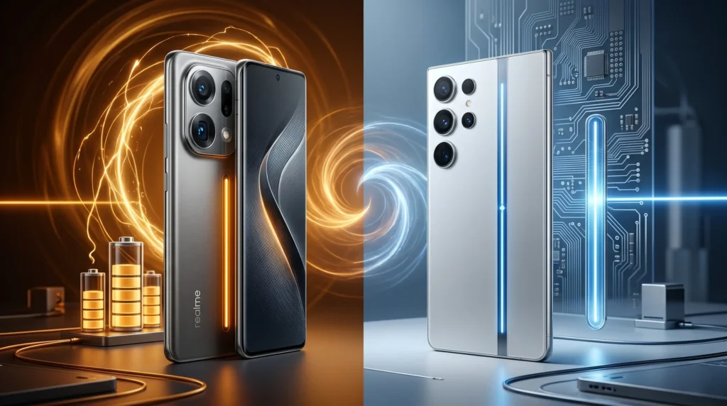 Comparativa de los celulares con mejor batería en 2026: dos smartphones premium con efectos visuales de energía naranja para alta capacidad y circuitos azules para eficiencia de software.