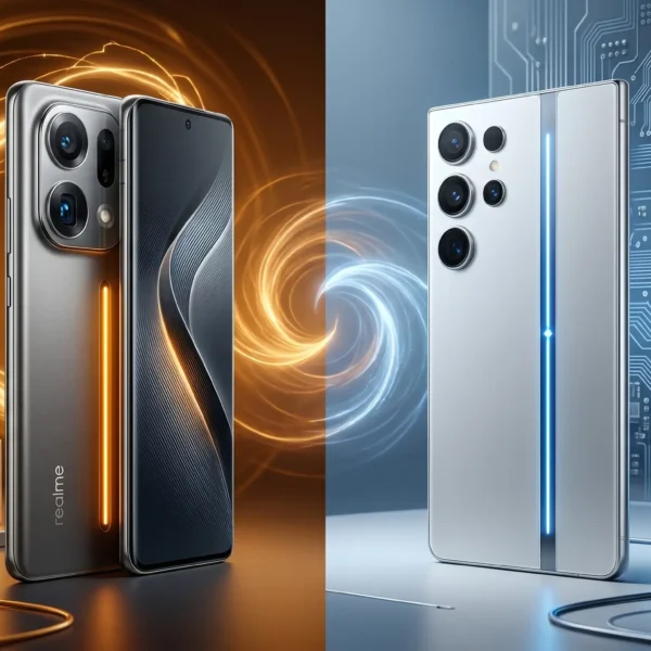 Comparativa de los celulares con mejor batería en 2026: dos smartphones premium con efectos visuales de energía naranja para alta capacidad y circuitos azules para eficiencia de software.