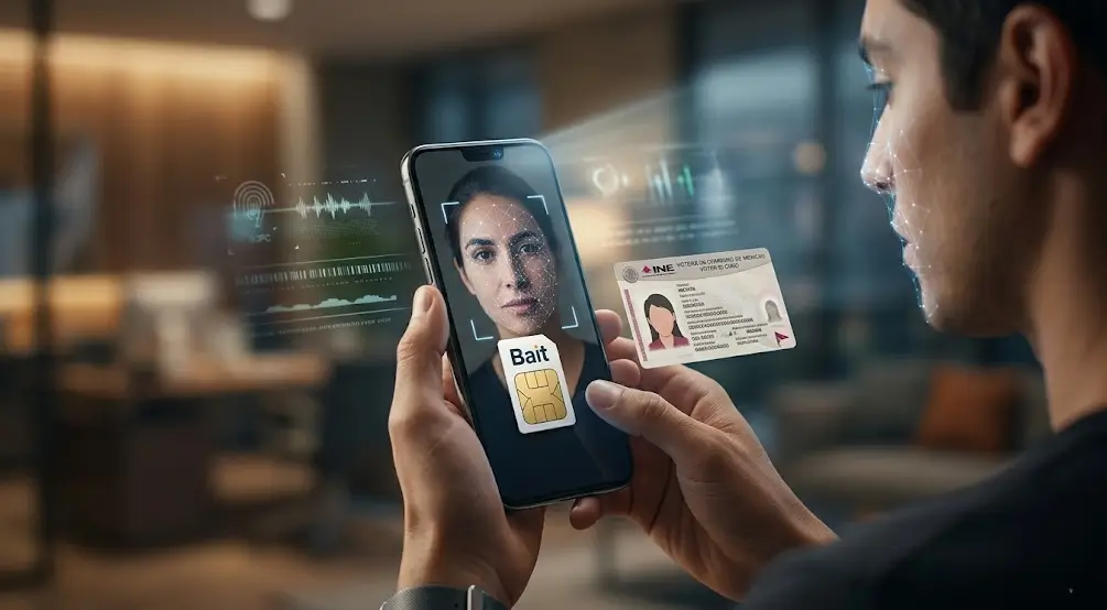 Proceso de registro digital de tarjeta SIM Bait con escaneo de identificación INE y prueba de vida biométrica facial en un smartphone.