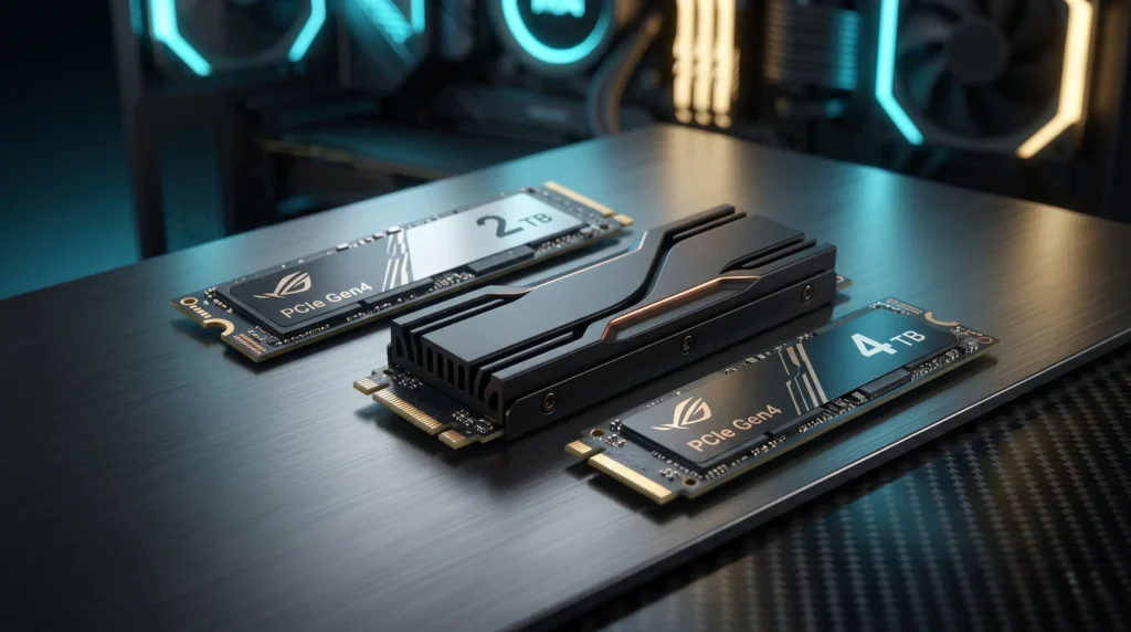 Tres unidades de almacenamiento SSD M.2 PCIe Gen4 de alta capacidad, una de ellas con disipador de calor térmico, dispuestas sobre una superficie premium con el interior de una PC iluminada al fondo de forma cinematográfica.