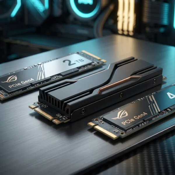 Tres unidades de almacenamiento SSD M.2 PCIe Gen4 de alta capacidad, una de ellas con disipador de calor térmico, dispuestas sobre una superficie premium con el interior de una PC iluminada al fondo de forma cinematográfica.