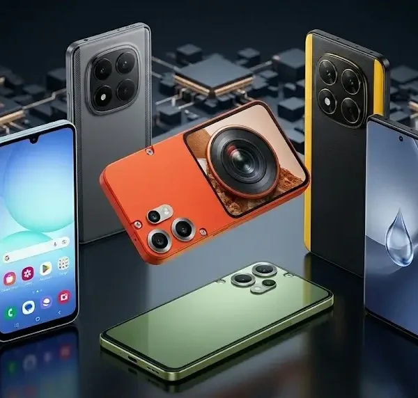 Cinco smartphones modernos de distintos modelos, incluyendo CMF con gran lente de cámara y Samsung, flotando sobre una placa de circuito integrado. Fotografía de producto premium.