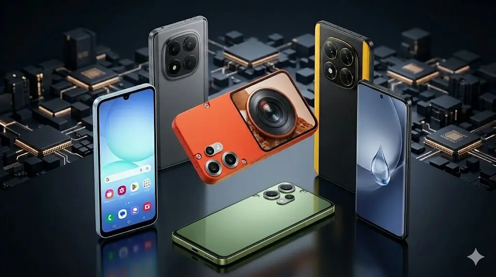 Cinco smartphones modernos de distintos modelos, incluyendo CMF con gran lente de cámara y Samsung, flotando sobre una placa de circuito integrado. Fotografía de producto premium.