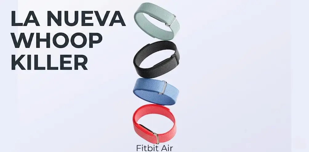 Pila de cuatro correas de tela Fitbit Air en colores verde menta, gris, azul y rojo coral.