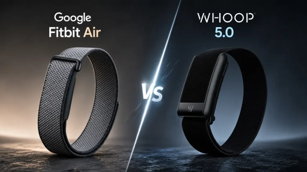 Comparativa entre Google Fitbit Air y Whoop 5.0 con diseño premium y bandas fitness inteligentes sobre fondo oscuro tecnológico.