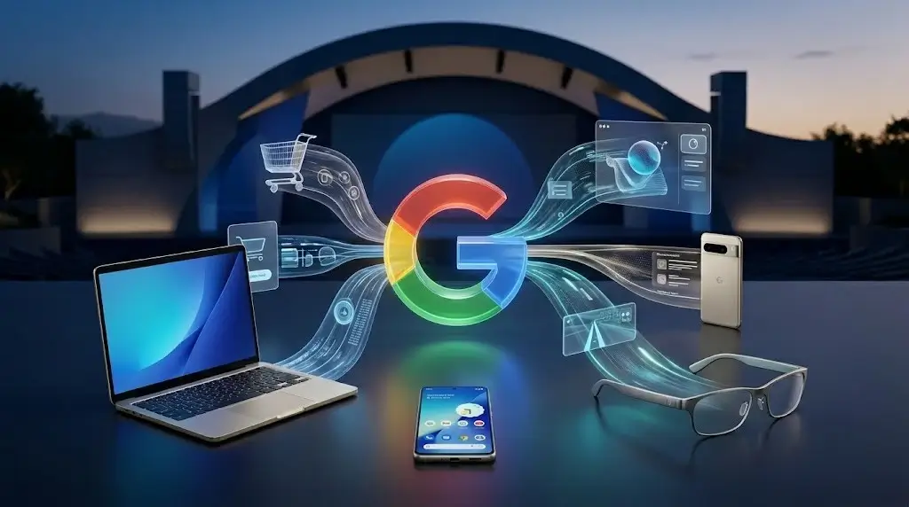 ‘G’ holográfica de Google con flujos de datos digitales conectando dispositivos frente al escenario de Google I/O 2026 al anochecer.