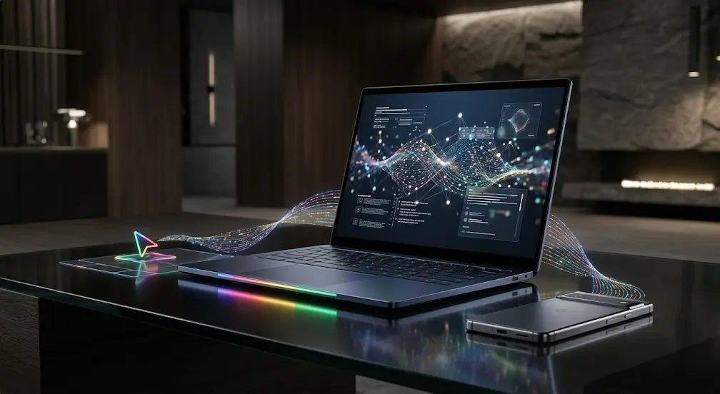 Googlebook con barra LED Glowbar e interfaz de inteligencia artificial Gemini junto a un smartphone Android en un entorno tecnológico premium para Rallynomics.
