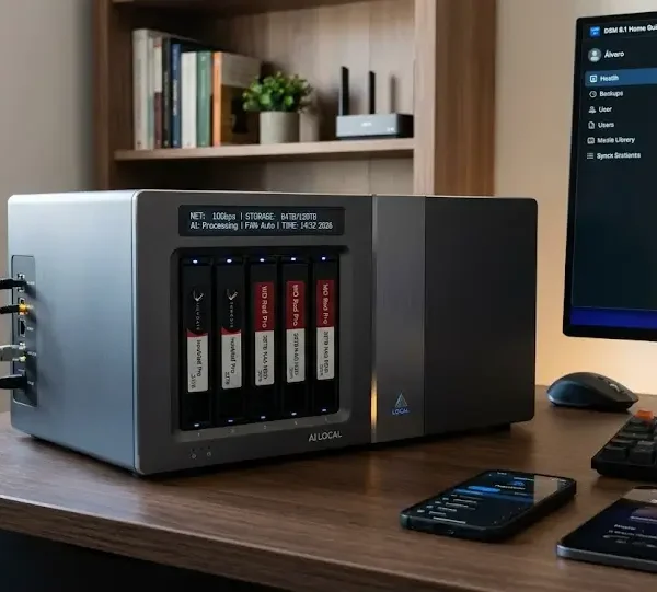 Un NAS doméstico de 4 bahías de 2026 con discos IronWolf/WD Red, panel OLED que muestra red de 10Gbps e IA, y un monitor con la guía DSM 8.1 Home.