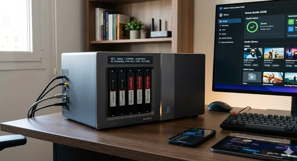 Un NAS doméstico de 4 bahías de 2026 con discos IronWolf/WD Red, panel OLED que muestra red de 10Gbps e IA, y un monitor con la guía DSM 8.1 Home.