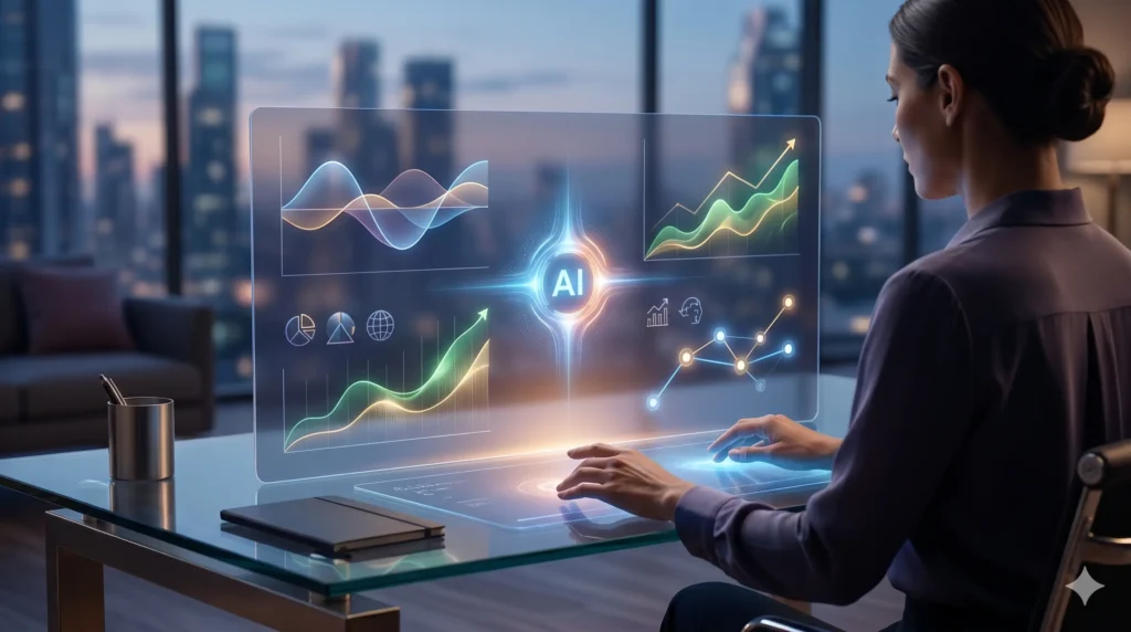 Mujer usando interfaz holográfica de IA para finanzas personales con gráficas de inversión y ahorro en un entorno tecnológico moderno y profesional.