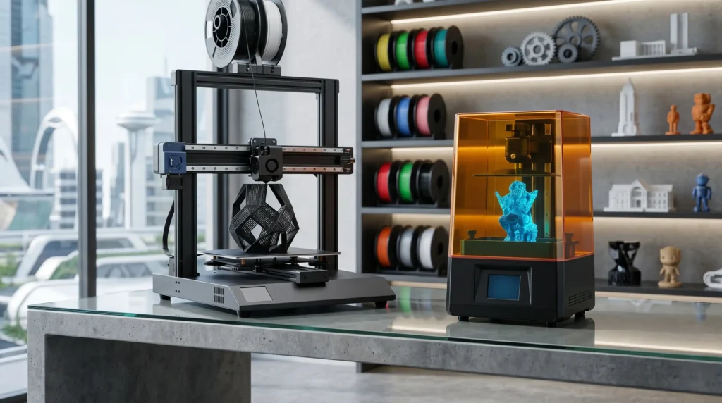 Impresoras 3D FDM y de resina en un escritorio moderno.