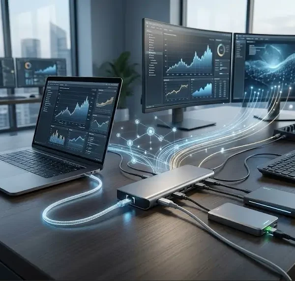 Estación de acoplamiento y hub USB-C de alto rendimiento conectando una laptop a múltiples monitores y periféricos en un entorno de trabajo profesional de 2026.