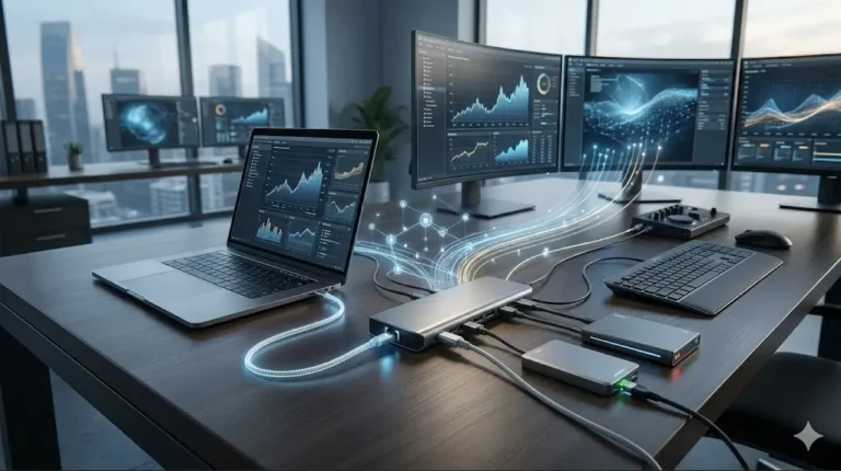 Estación de acoplamiento y hub USB-C de alto rendimiento conectando una laptop a múltiples monitores y periféricos en un entorno de trabajo profesional de 2026.