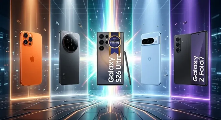 Los mejores celulares gama alta de 2026: Samsung Galaxy S26 Ultra, iPhone 17 Pro Max, Xiaomi 17 Ultra, Samsung Galaxy Z Fold 7, Google Pixel 10 Pro XL.