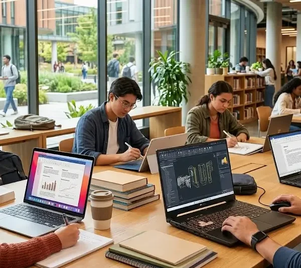 Estudiantes universitarios en una biblioteca moderna usando computadoras portátiles para ingeniería, diseño y estudio académico.