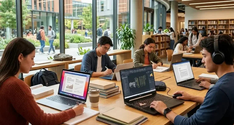 Estudiantes universitarios en una biblioteca moderna usando computadoras portátiles para ingeniería, diseño y estudio académico.