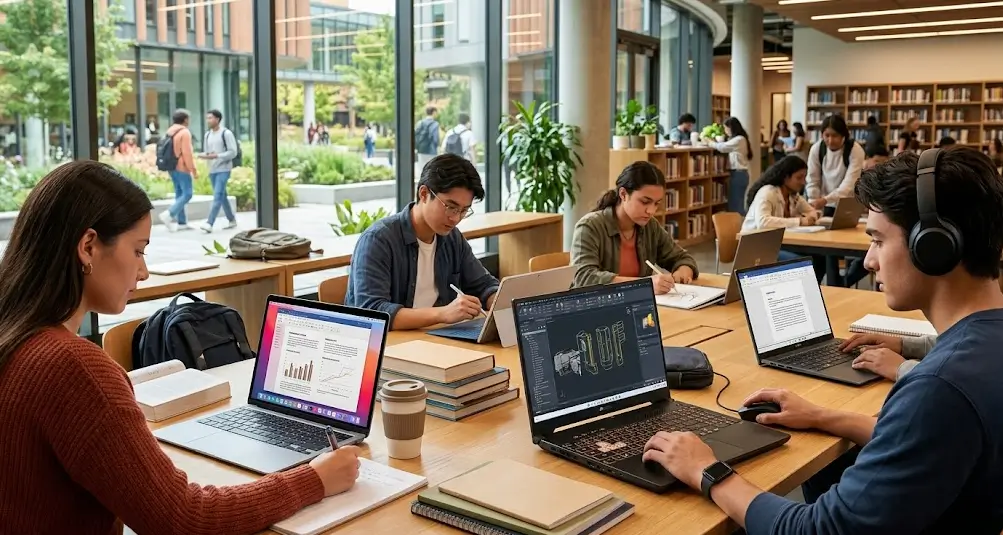 Estudiantes universitarios en una biblioteca moderna usando computadoras portátiles para ingeniería, diseño y estudio académico.