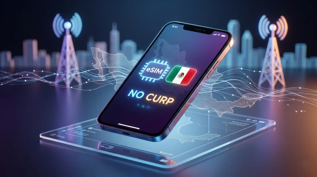 Smartphone moderno con pantalla brillante mostrando un icono de chip eSIM y un mapa de México estilizado, rodeado de torres de telecomunicaciones y ondas de red digitales en un entorno tecnológico de alta calidad.