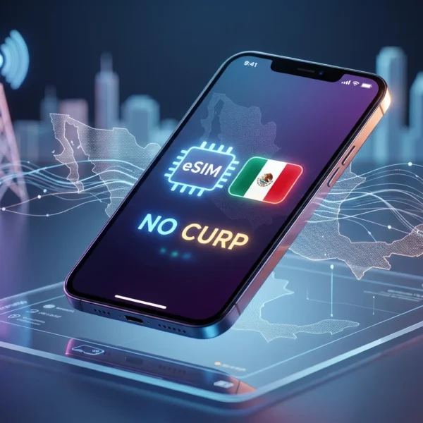 Smartphone moderno con pantalla brillante mostrando un icono de chip eSIM y un mapa de México estilizado, rodeado de torres de telecomunicaciones y ondas de red digitales en un entorno tecnológico de alta calidad.