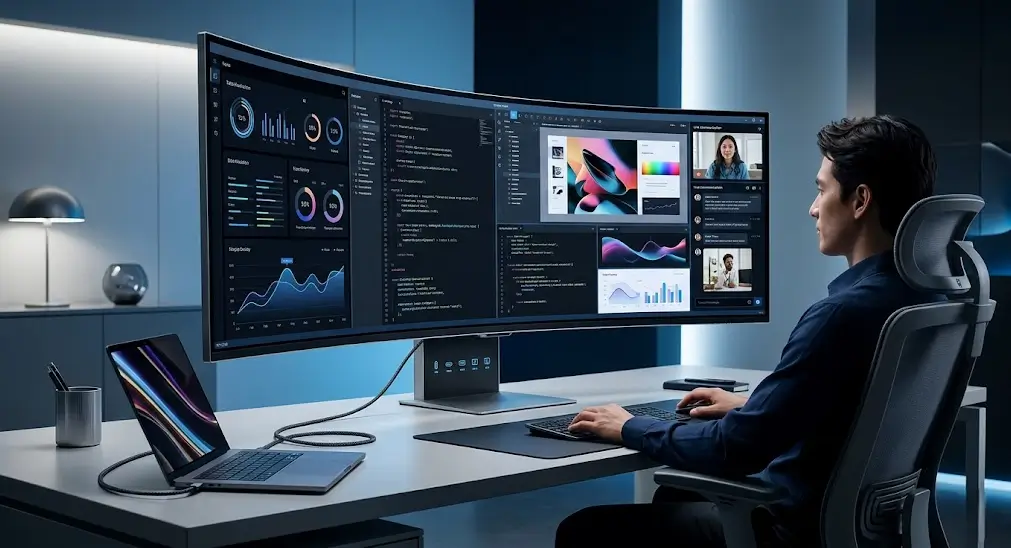 Una configuración de escritorio moderna y ergonómica con un monitor ultrawide curvo enorme que muestra dashboards, código y diseño.