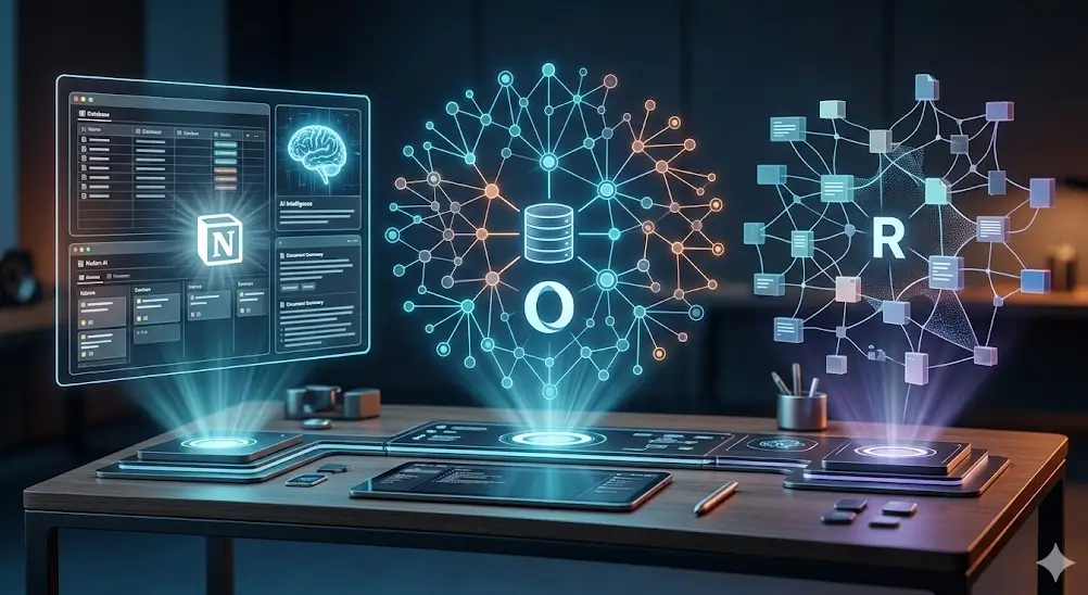 Hologramas de Notion AI, Obsidian y Roam Research sobre un escritorio tecnológico moderno para la gestión del conocimiento.