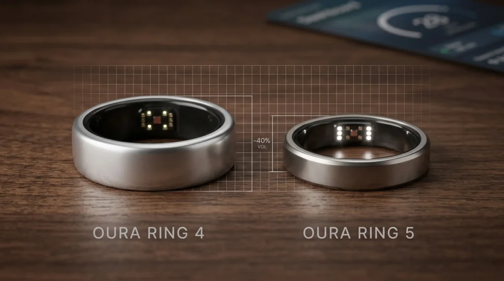 Comparación de tamaño Oura Ring 4 y Oura Ring 5 side-by-side sobre madera, mostrando la reducción de volumen del 40% del Oura 5 y detalles de sensores.